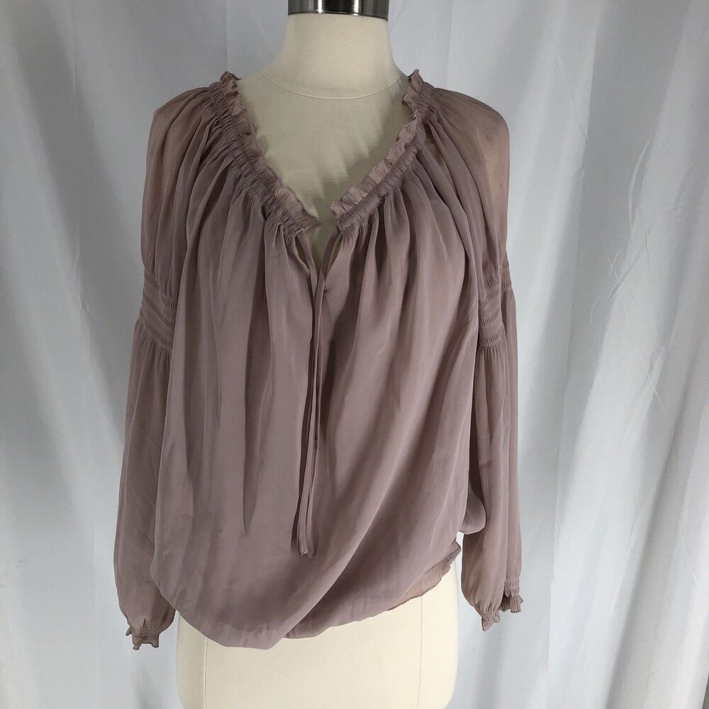 Express Smocked Waist Tie Neck Blouse Small Pink Sheer Top